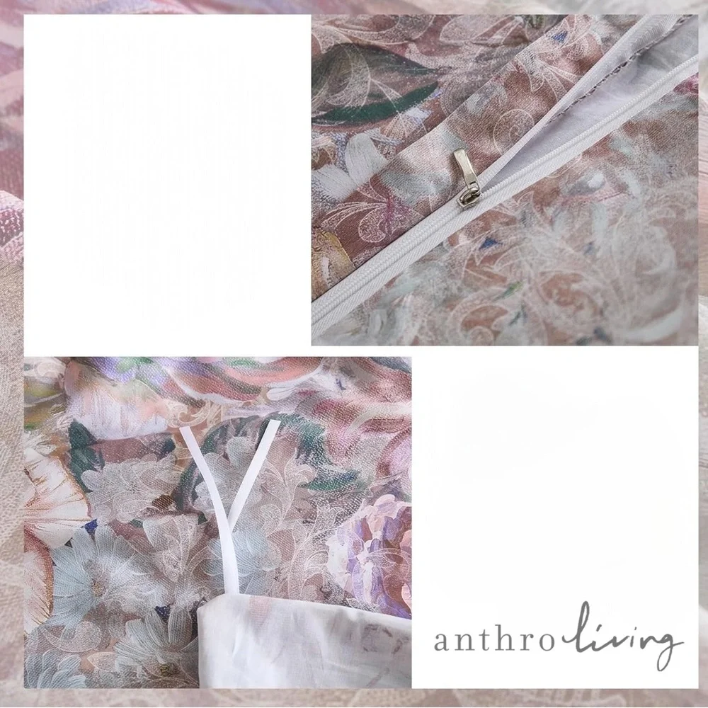 NEW Anthro Pink Floral Multicolor Queen / King Cotton Bedding Duvet & Sham Set